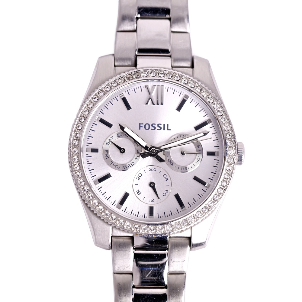 Fossil Diamond Bezel Ladies Wrist Watch Stainless Steel Day Date 38mm